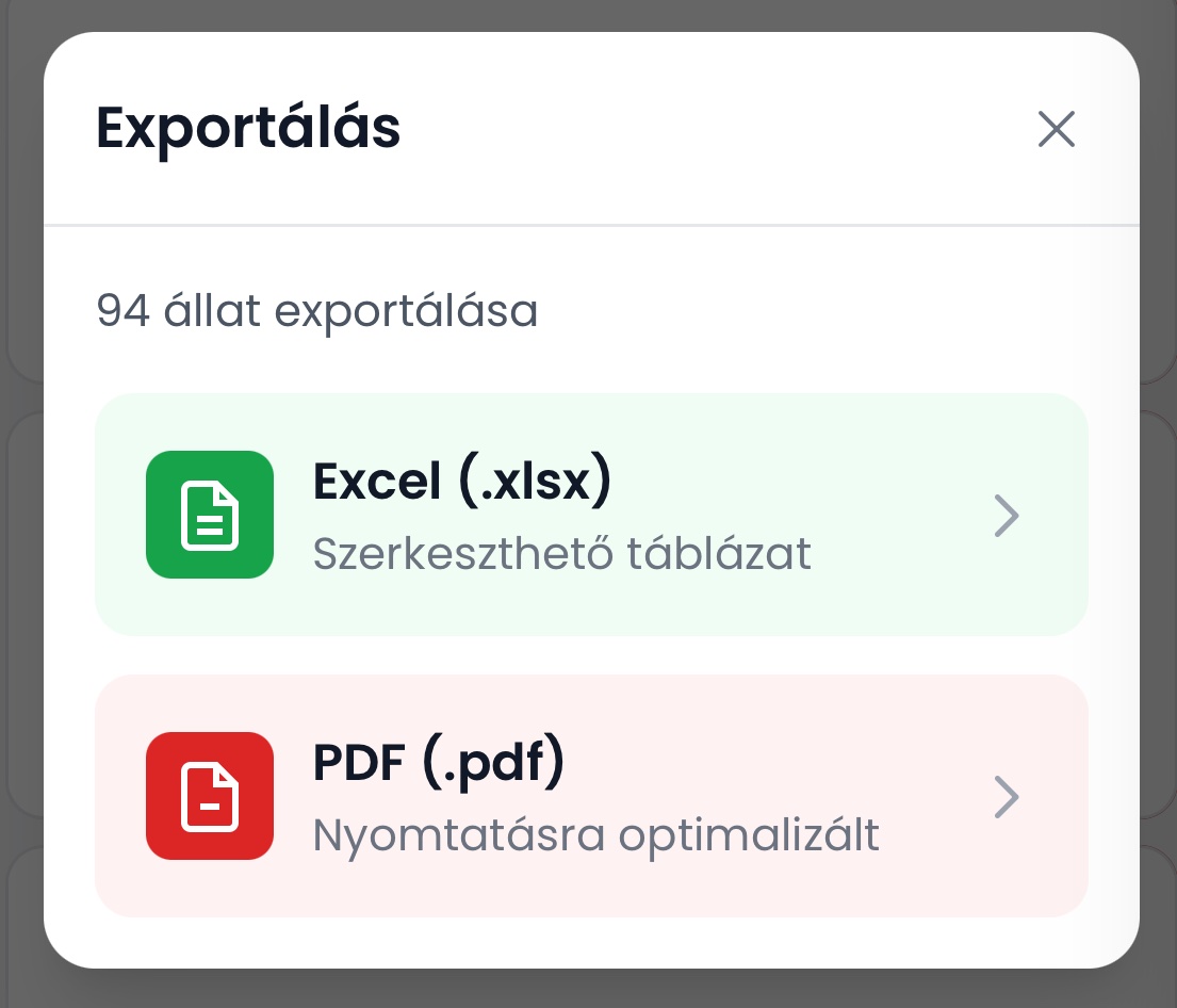 Exportálás — Excel és PDF formátumban