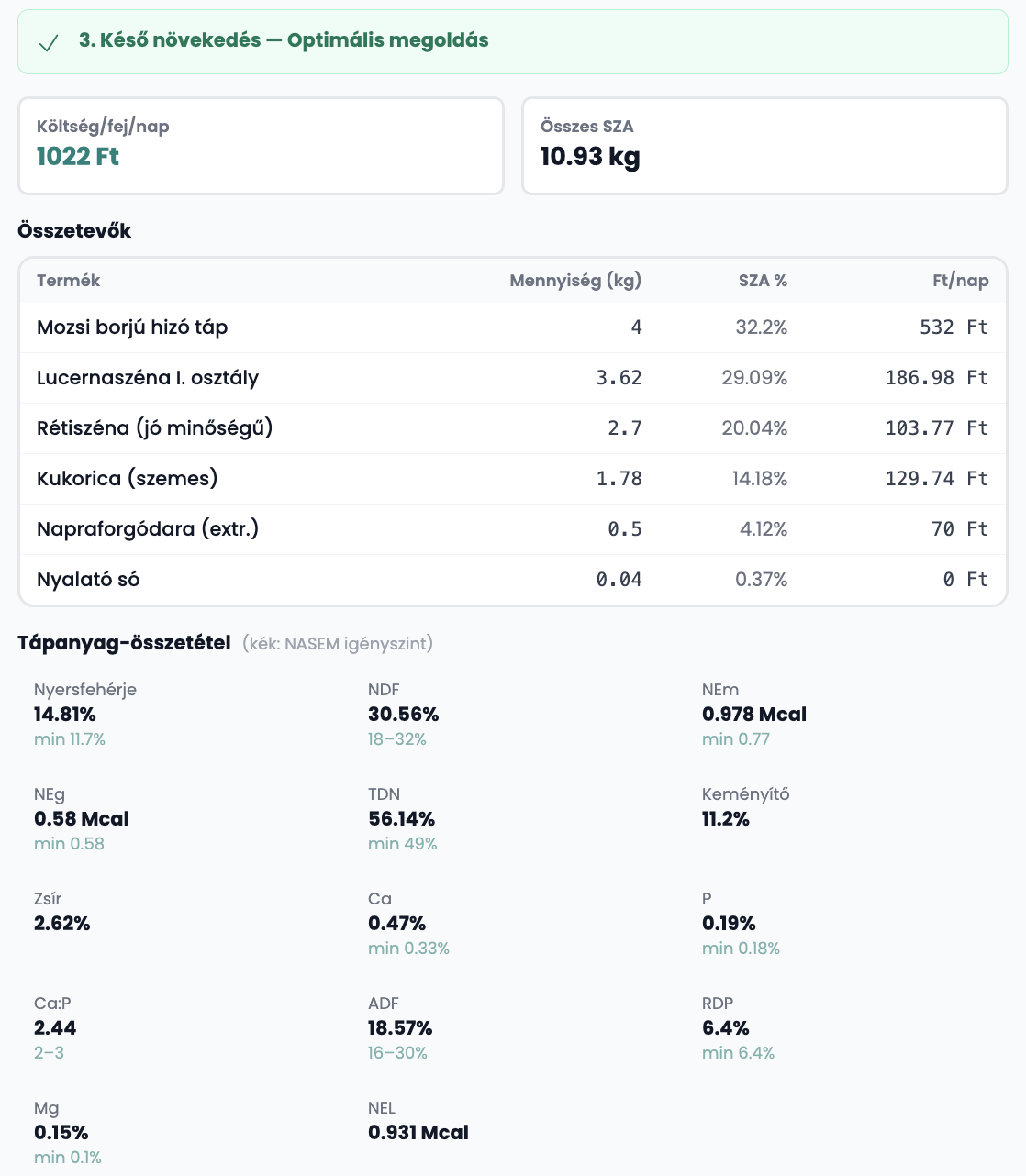 LP optimizer — optimális takarmányrecept és tápanyag-összetétel a DAISY-ben
