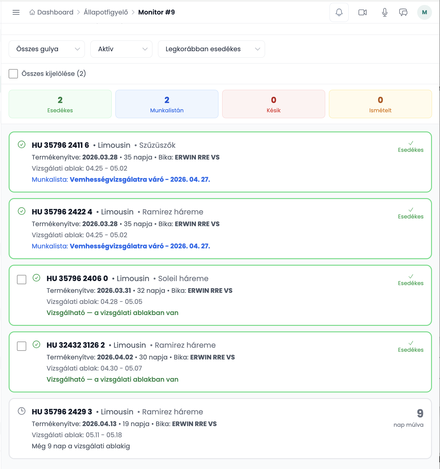 Reprodukciós naptár — Vemhességvizsgálatra váró egyedek listája a DAISY-ben